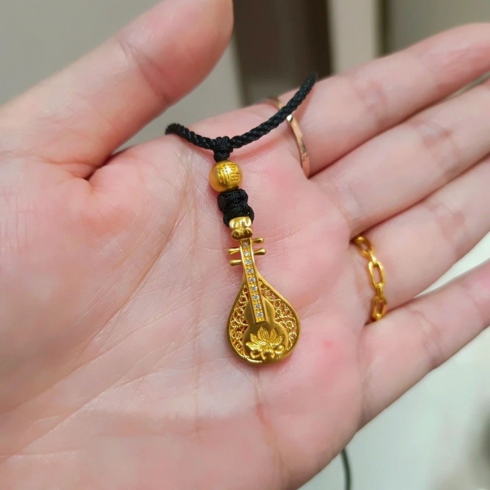 古法金色莲花琵琶镶钻吊坠项链复