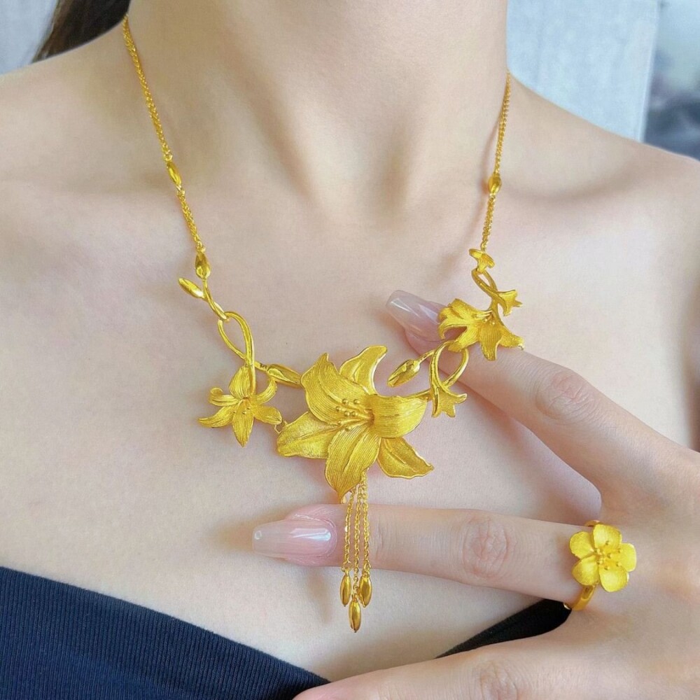黄金色百合花流苏项链戒指耳环女