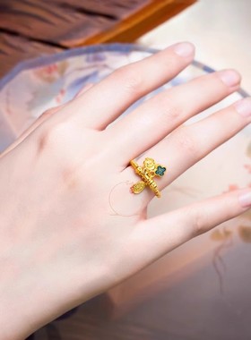 古法烧蓝古风四叶草流苏戒指小甩