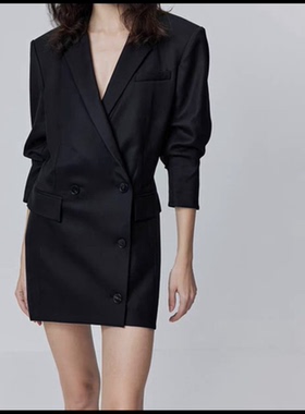 Fabri醋酸羊毛宽肩女春新品高级感裙子肩西装连衣裙女黑色