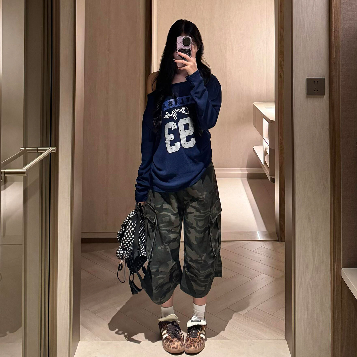美式迷彩七分工装阔腿牛仔裤女