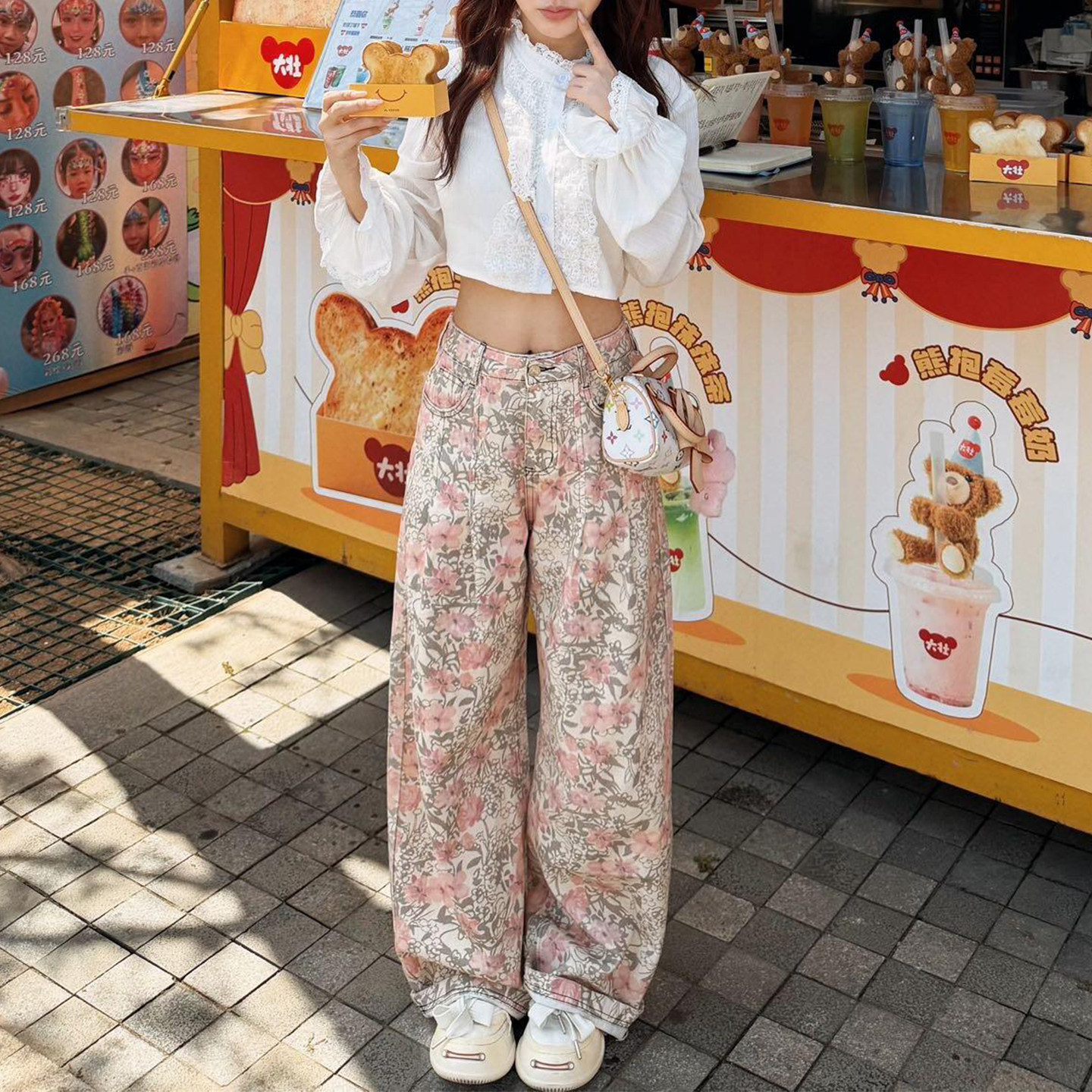 韩系复古低腰粉色碎花牛仔裤女