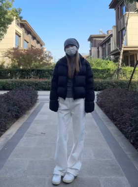 白色窄版阔腿牛仔裤女秋冬加绒直筒高腰显瘦小个子休闲宽松拖地裤