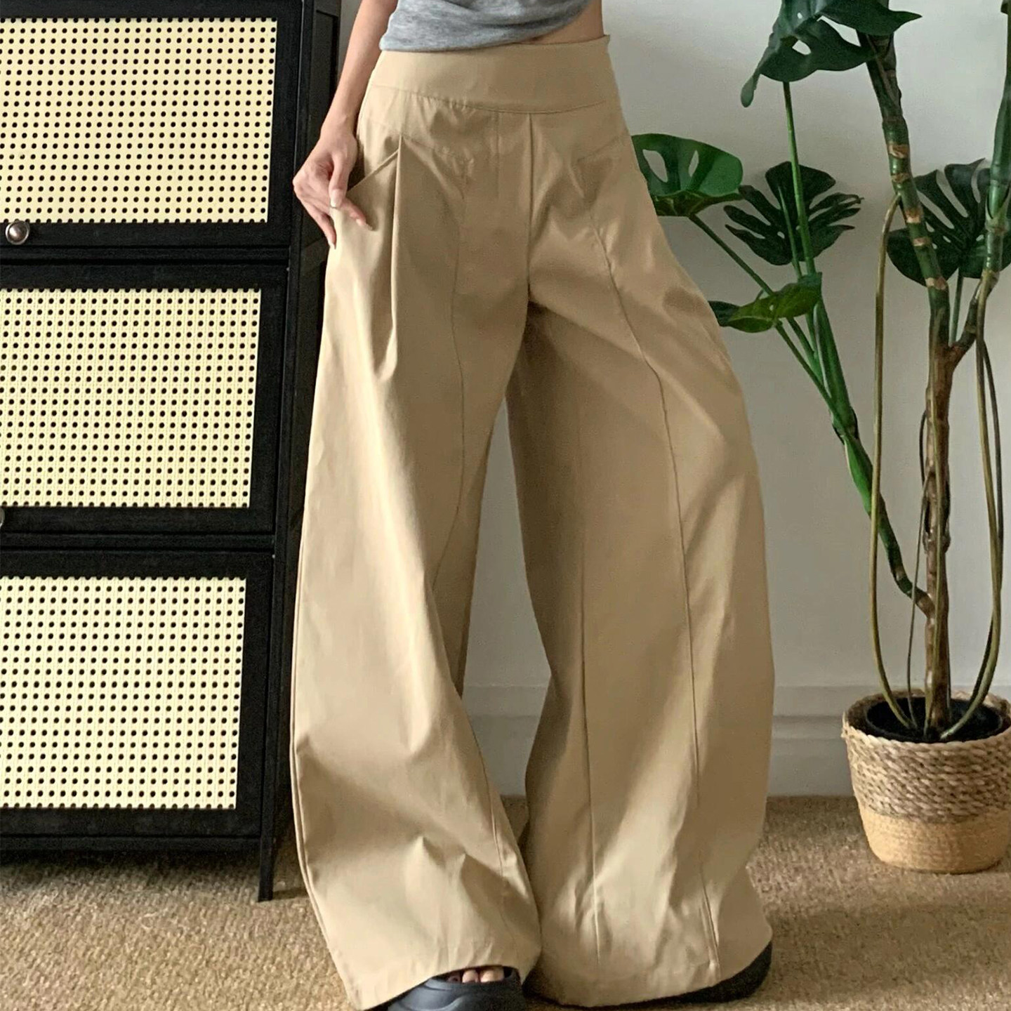 韩系慵懒风卡其色阔腿裤女夏季