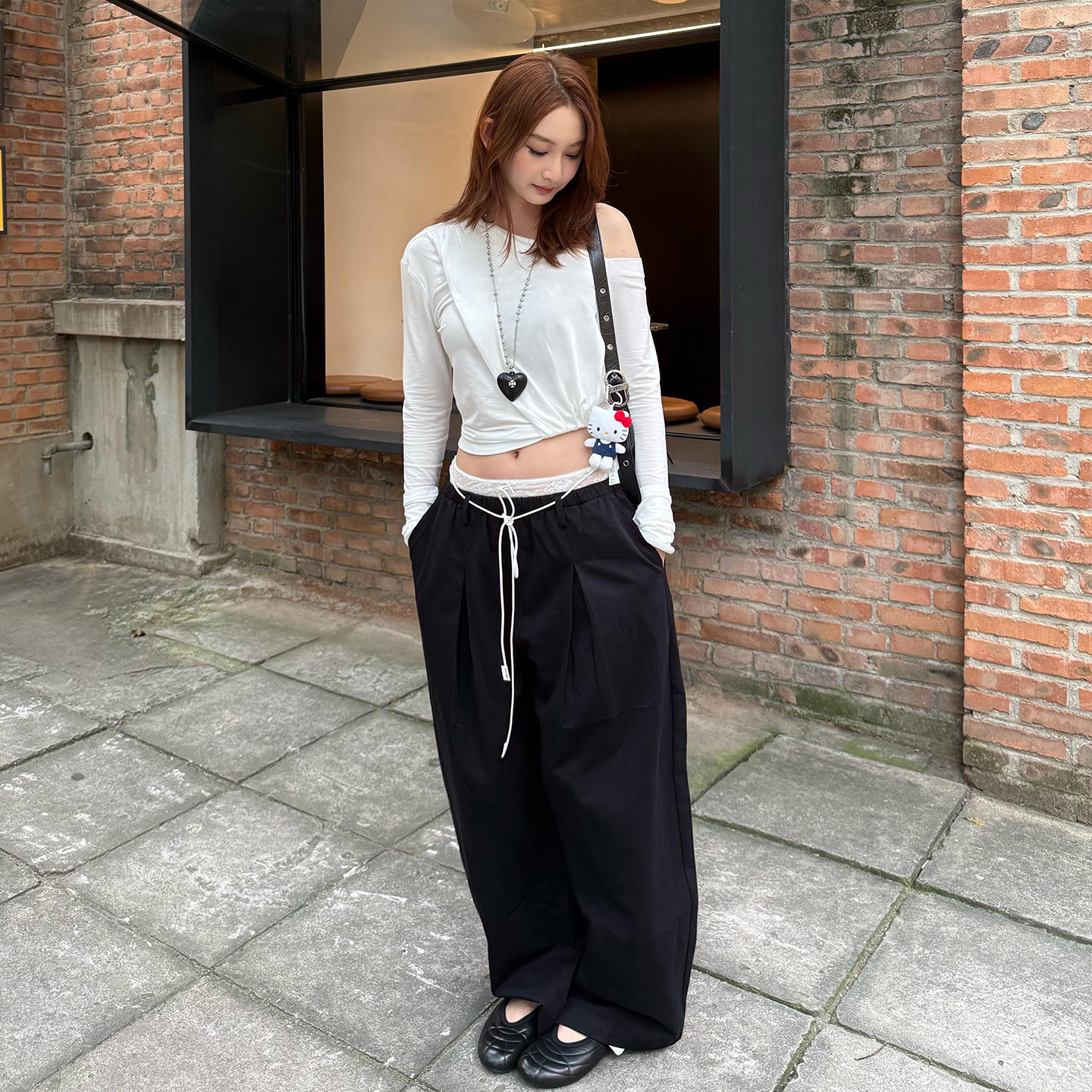 美式黑色假两件阔腿裤女夏季