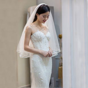 张馨予同款包边网红拍照道具旅拍头纱女新娘超仙森系新款头饰短款