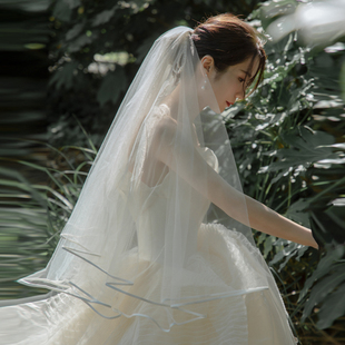 头纱新娘主婚纱新款头饰超仙森系短款双层旅拍照道具张馨予同款白