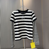 T恤女拼接假两件长袖 欧货新款 趣味可爱骷髅猫咪黑白条纹修身 上衣