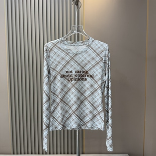 欧货早秋新款时尚圆领植绒字母印花格子长袖T恤女修身显瘦上衣