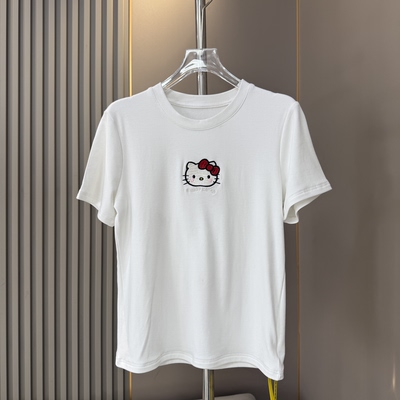 福利 2026早春新款圆领刺绣Kitty薄绒磨毛短袖T恤女猫咪半袖上衣