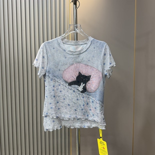 2026夏季新款圆领甜美可爱风小猫睡觉印花短袖T恤女修身网纱上衣