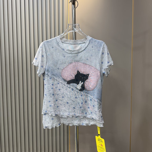 2026夏季新款圆领甜美可爱风小猫睡觉印花短袖T恤女修身网纱上衣