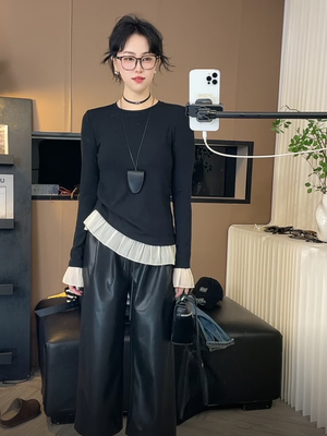 赔钱清仓 新款时尚洋气拼接花边长袖打底衫女修身显瘦内搭上衣