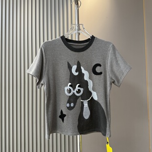 欧货2026 趣味可爱 眼镜小马图案短袖T恤女 春季新品修身小版上衣
