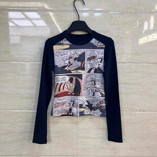 清仓 显瘦打底衫 最后几件 T恤女修身 圆领卡通漫画印花长袖 特价