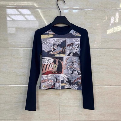 特价清仓 最后几件 圆领卡通漫画印花长袖T恤女修身显瘦打底衫