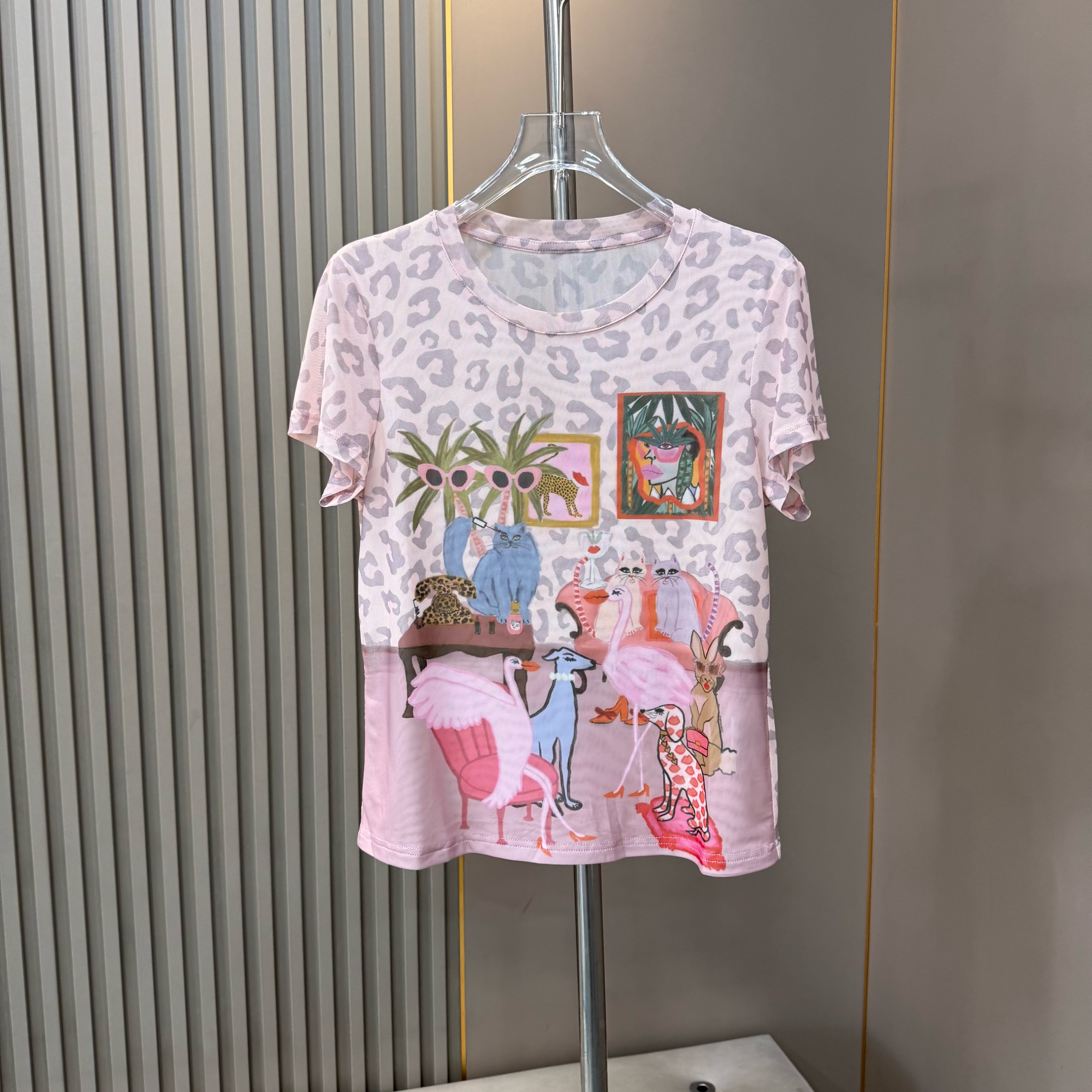 特价清仓 夏新款手绘抽象动物豹纹印花网纱短袖T恤女修身上衣