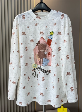 欧货春季小众设计师款小熊印花慵懒风花纹宽松T恤女洋气休闲上衣
