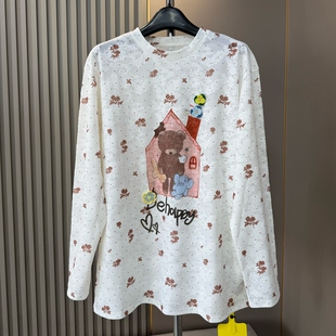 欧货春季小众设计师款小熊印花慵懒风花纹宽松T恤女洋气休闲上衣