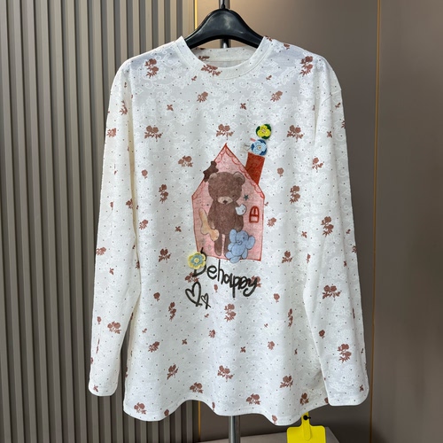特价清仓 设计师款小熊印花慵懒风花纹宽松T恤女洋气休闲上衣