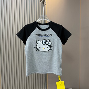 2026夏季新款圆领插肩袖卡通kitty猫刺绣蝴蝶结短袖T恤女修身上衣