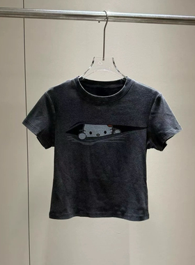 欧货26春夏新款甜酷卡通猫咪印花复古做旧短袖T恤女显瘦小版上衣