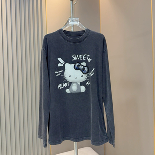 宽松长袖 圆领卡通Kitty猫咪印花中长款 T恤女上衣 时尚 欧货25秋新款