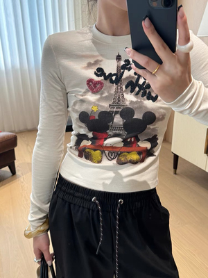 赔钱清仓 新款圆领米奇印花刺绣亮片字母长袖T恤女时尚打底衫