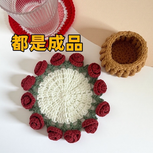 成品手工钩织玫瑰花杯垫小花束办公室毛线编织手工仿真花篮成品