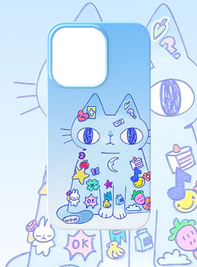 渐变蓝色猫咪手机壳适用iPhone17promax苹果16菲林13小清新14小米15卡通oppo华为mate70荣耀P80红米vivox200s