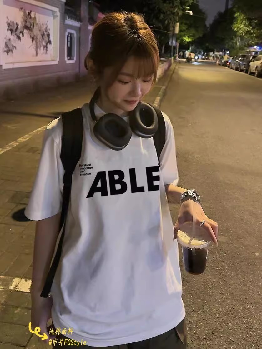 高街ins学生情侣港风夏装100%纯棉短袖t恤女宽松显瘦打底半袖上衣