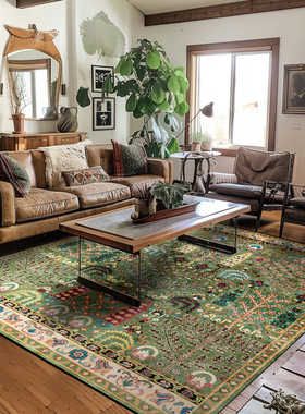跨境复古美式波斯波西米亚民族风生命树绿色客厅卧室防滑地毯地垫