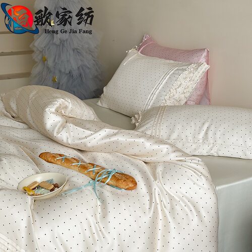 法式少女80支兰精天丝四件套波点床上用品蕾丝花边白色公主床单