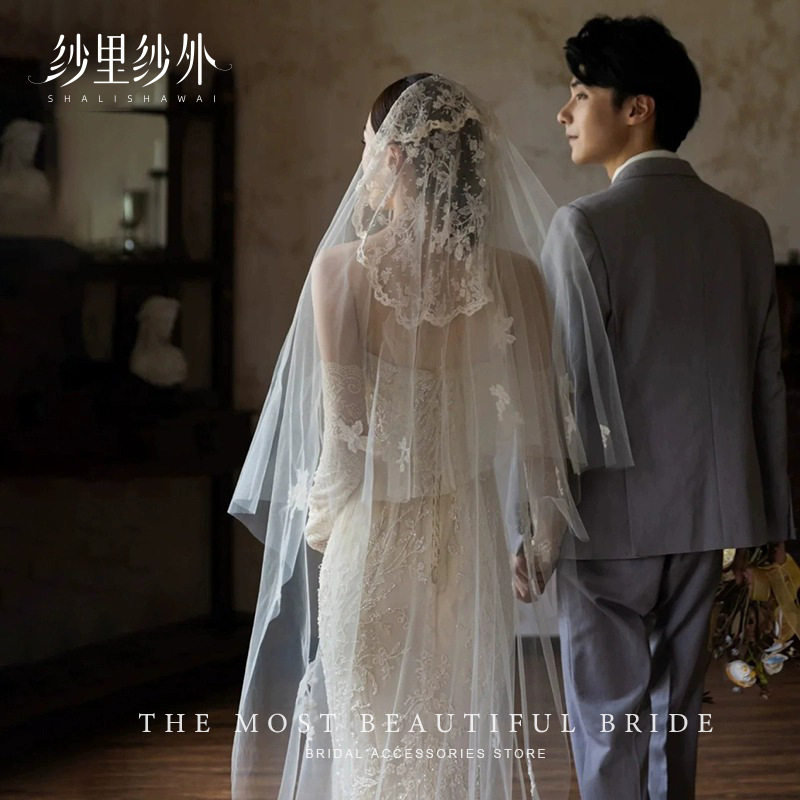 余爱同款复古蕾丝头纱头饰新娘结婚婚纱法式长款摄影样片拍照