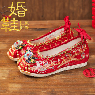 容颜女秀禾鞋中式红色禾秀服鞋子绣花鞋新娘鞋内增高古风汉服