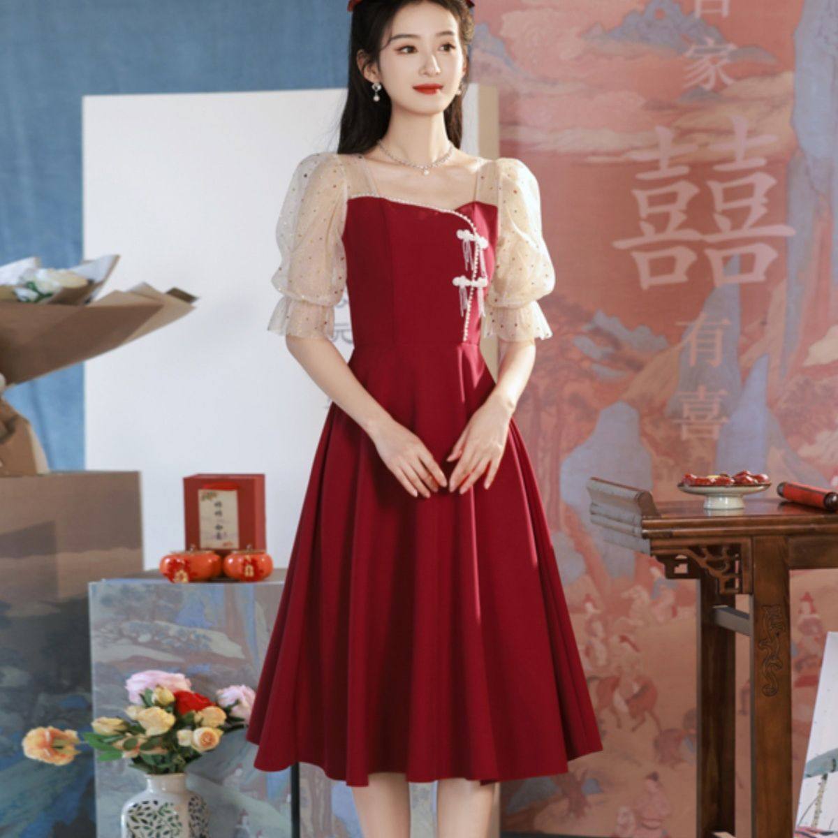 敬酒服新娘小个子春秋酒红色结婚小礼服女订婚回门连衣裙平时可穿