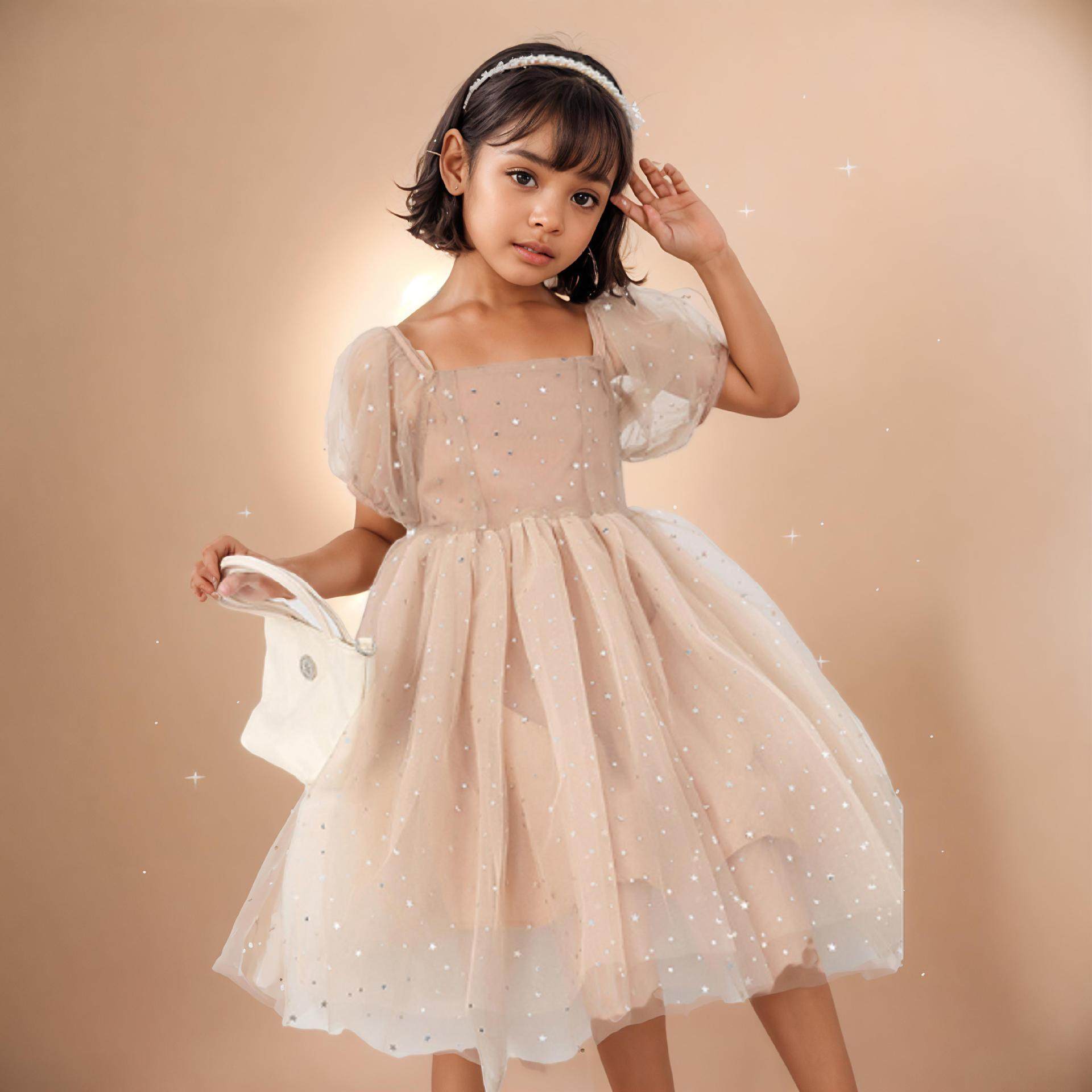 女童泡泡袖公主风连衣裙2025夏季儿童亮片裙中大童洋气长款礼服