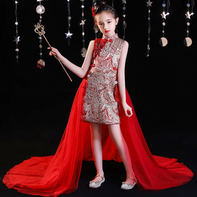 旗袍2025新款儿童礼服裙走秀旗袍红色国潮中国风主持人女童