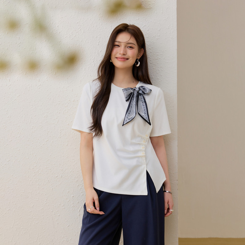 【领口丝巾设计T恤】纤莉秀大码女装时髦别致上衣胖mm2026春新款