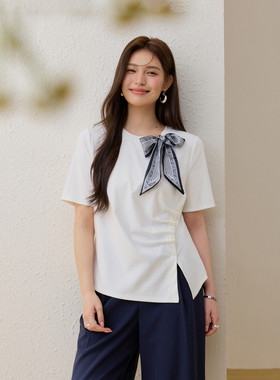 【领口丝巾设计T恤】纤莉秀大码女装时髦别致上衣胖mm2026春新款