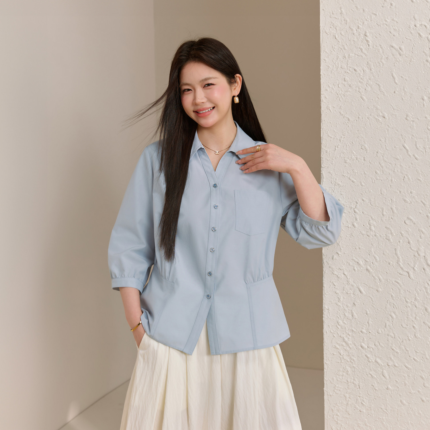 【七分泡泡袖衬衣】纤莉秀大码女装收腰翻领衬衫胖mm2026夏装新款