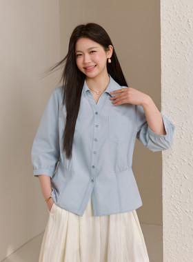 【七分泡泡袖衬衣】纤莉秀大码女装收腰翻领衬衫胖mm2026夏装新款