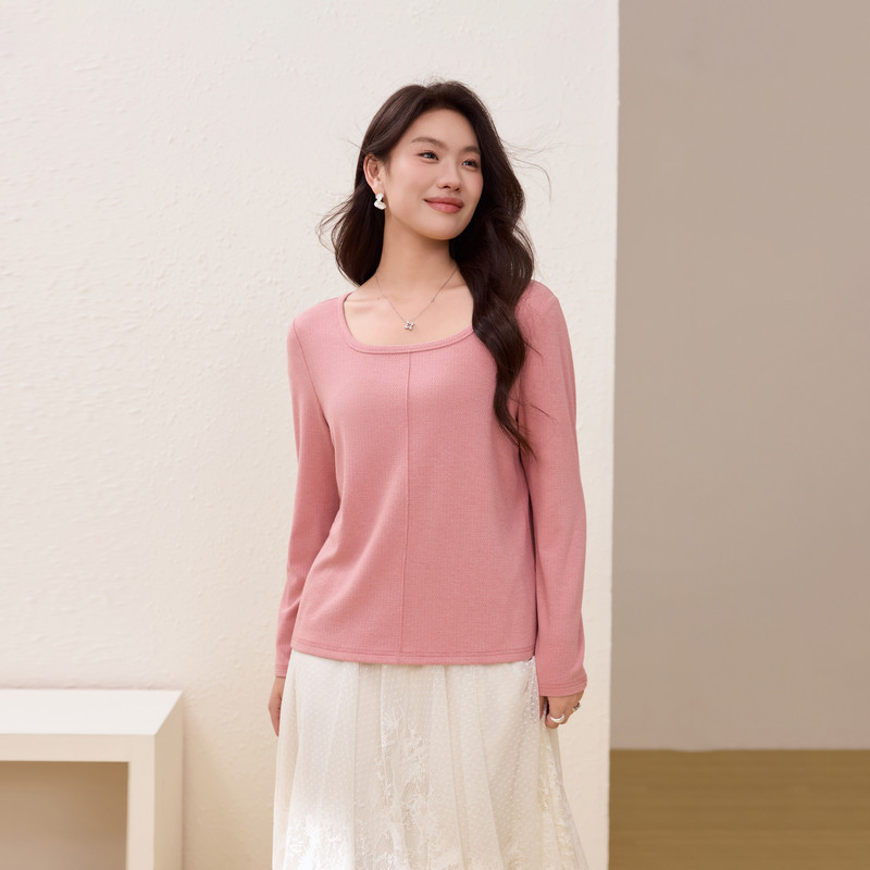 【肌理感方领T恤】纤莉秀大码女装简约显瘦上衣胖mm2026春装新款