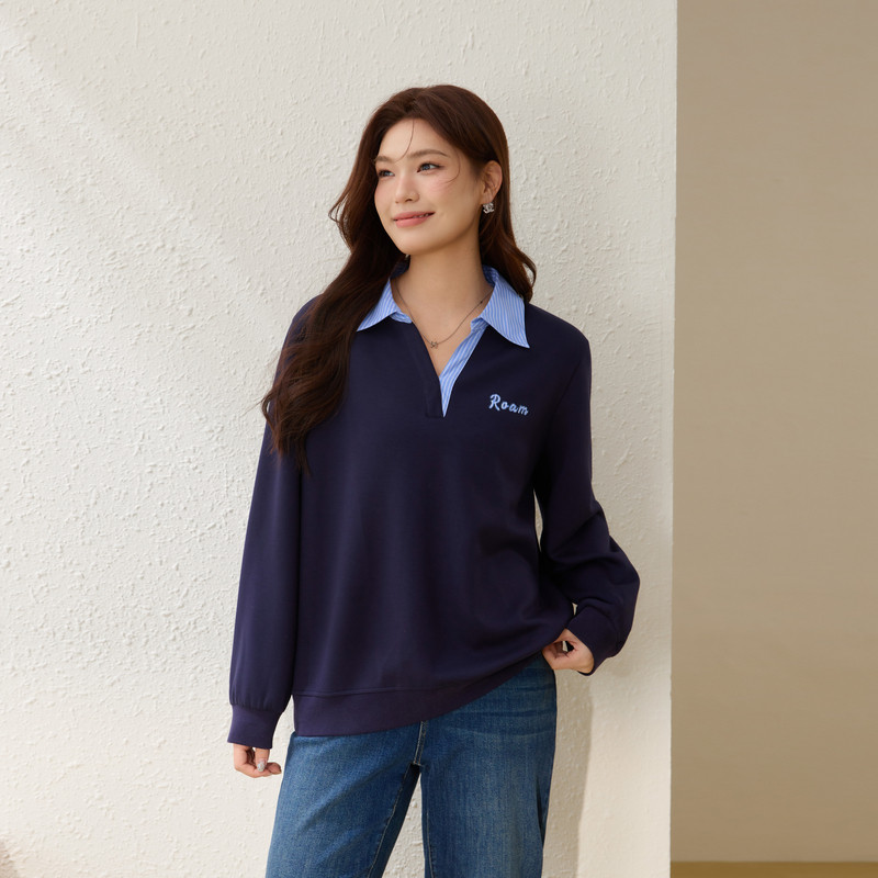 【拼接翻领卫衣】纤莉秀大码女装潮流设计感上衣胖mm2026春装新款