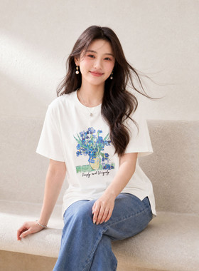 【鸢尾花】侧开叉圆领宽松棉感T恤纤莉秀大码女装胖mm2026夏新款