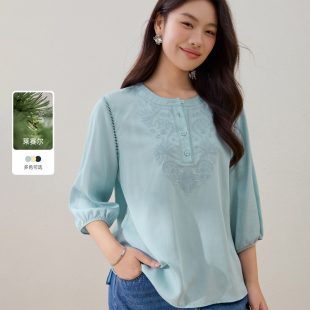 七分袖 气质简约圆领上衣胖mm夏装 绣花衬衫 女装 新款 纤莉秀大码