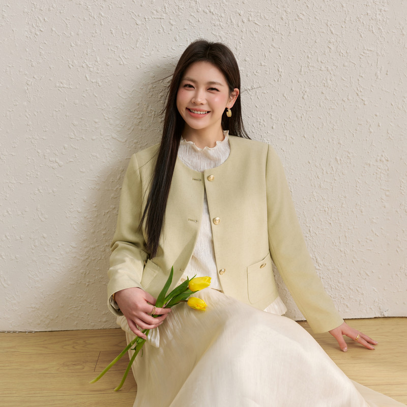 【时尚都市】撞色拼接花边千金感外套纤莉秀大码女装胖mm春装新款