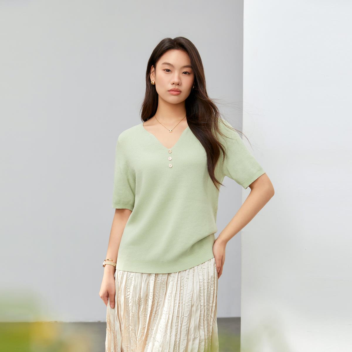【云雾衫】简约通勤V领显瘦针织衫纤莉秀大码女装胖mm2025夏新款