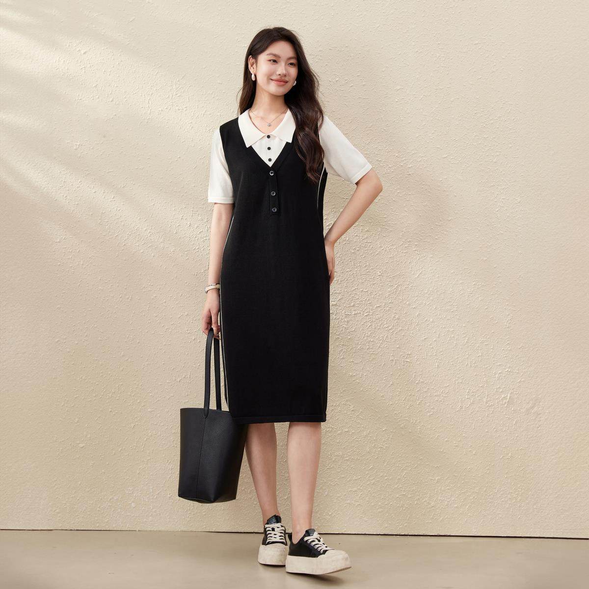 【城市剪影】学院风撞色POLO领连衣裙纤莉秀大码女装胖mm夏装新款