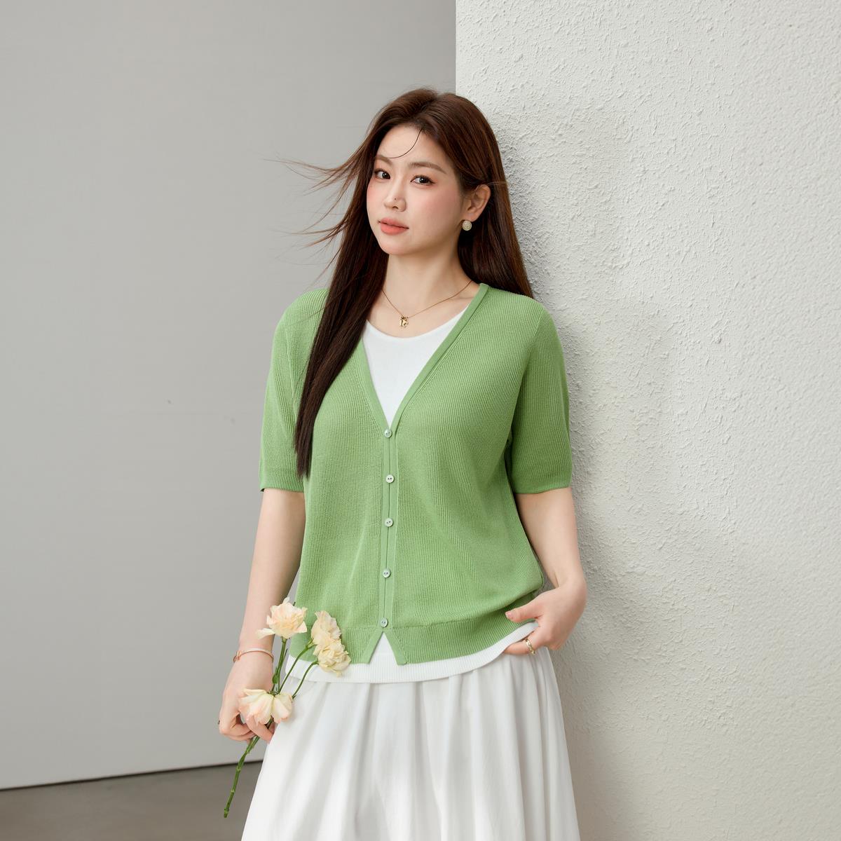 【浪屿轻语】欧若风假两件V领针织衫纤莉秀大码女装胖mm夏装新款